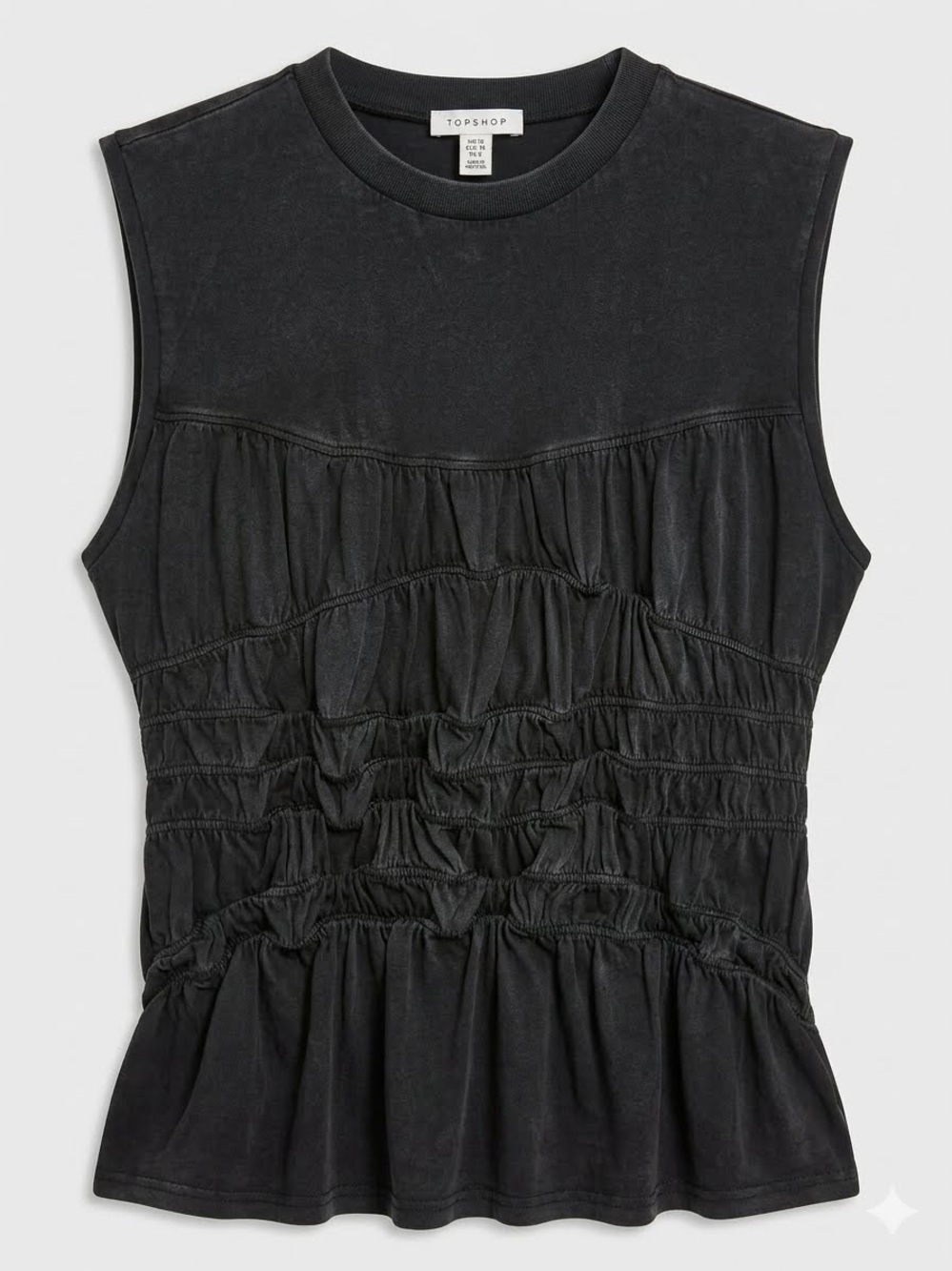 Topshop Acid Wash Smocked Sleeveless Tank Top Crop Blouse Gray Black XS